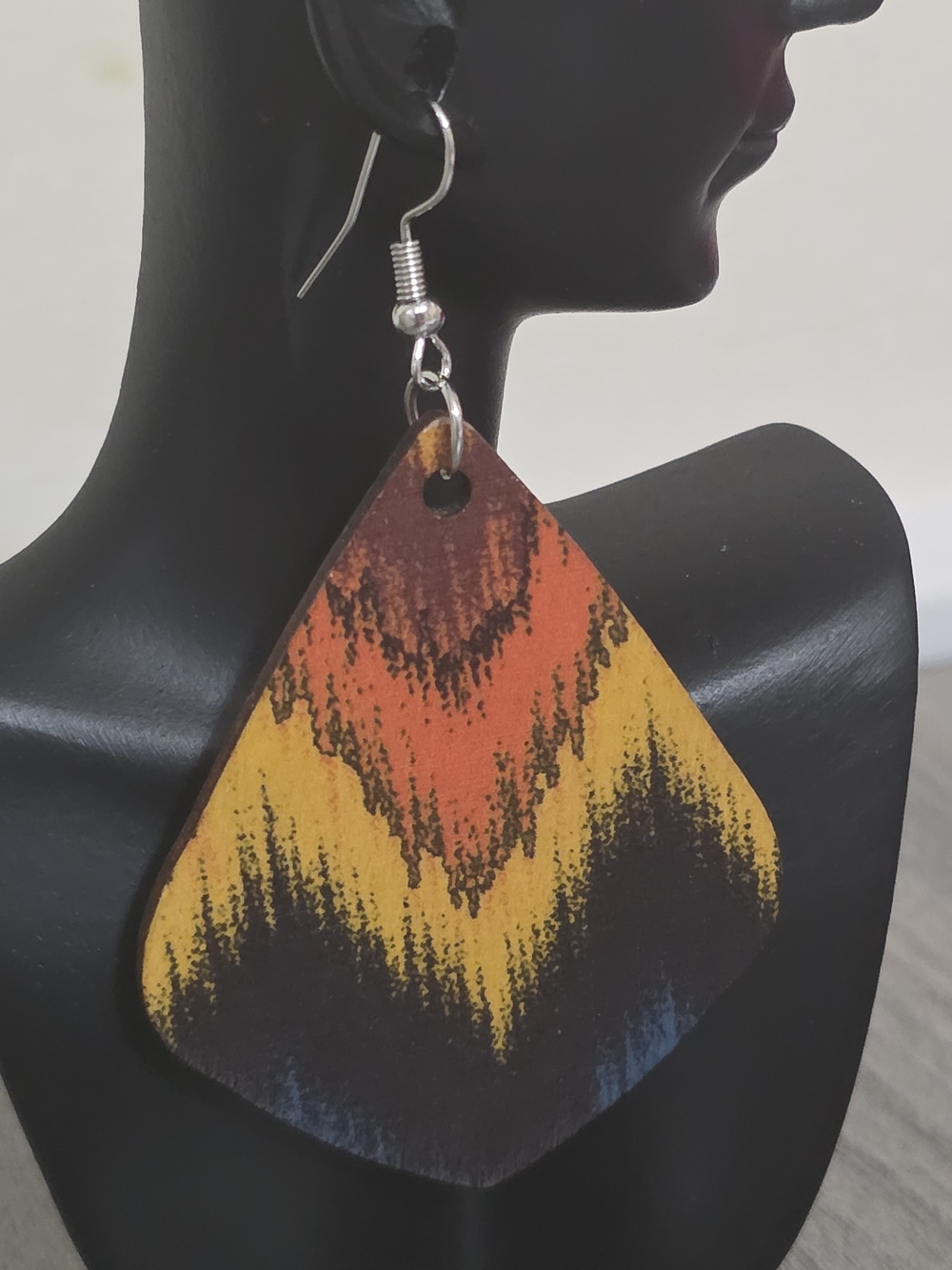 Bold Chevron Wooden Drop Earrings in Orange, Yellow & Blue - Picture 2 of 5